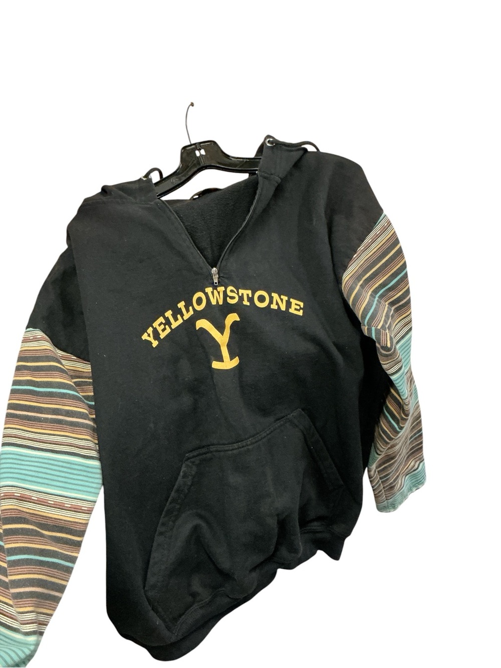 Yellowstone Black Pullover Hoodie with Striped Sleeves
